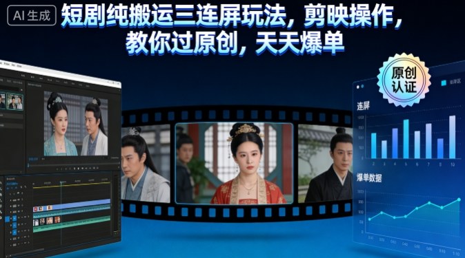 短剧纯搬运三连屏玩法，剪映操作，教你过原创，天天爆单-靠谱项目库