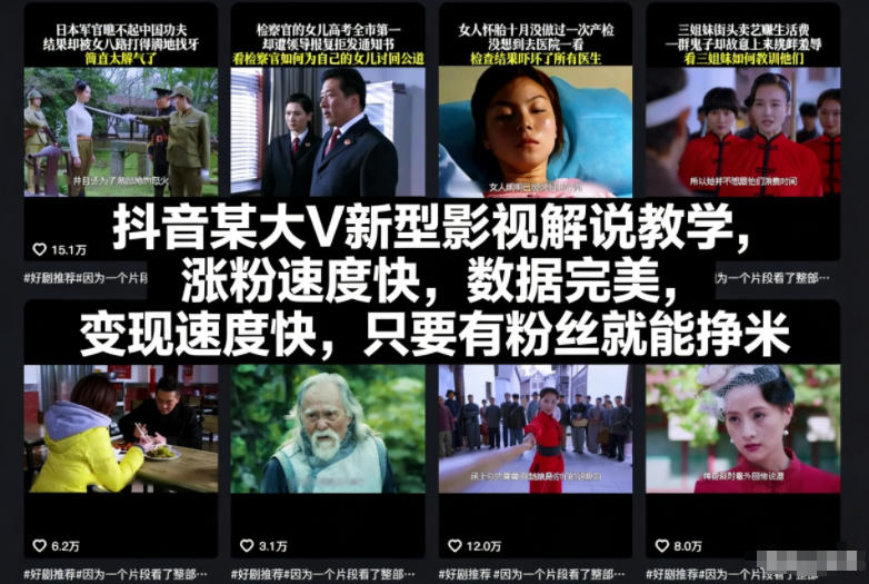 抖音某大V新型影视解说教学，涨粉速度快，数据完美，变现速度快，只要有粉丝就能挣米-靠谱项目库