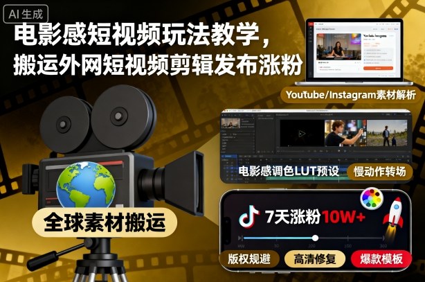电影感短视频玩法教学，搬运外网短视频剪辑发布涨粉-靠谱项目库