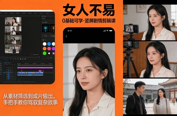 0基础可学！《女人不易》竖屏剧情剪辑课，从素材筛选到成片输出，手把手教你驾驭复杂故事-靠谱项目库