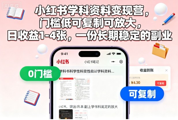 小红书学科资料变现营，门槛低可复制可放大，日收益1-4张，一份长期稳定的副业-靠谱项目库