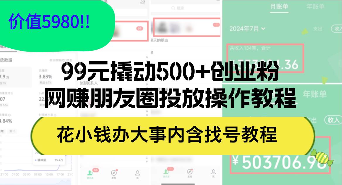 99元撬动500+创业粉，网赚朋友圈投放操作教程价值5980！花小钱办大事内…-靠谱项目库