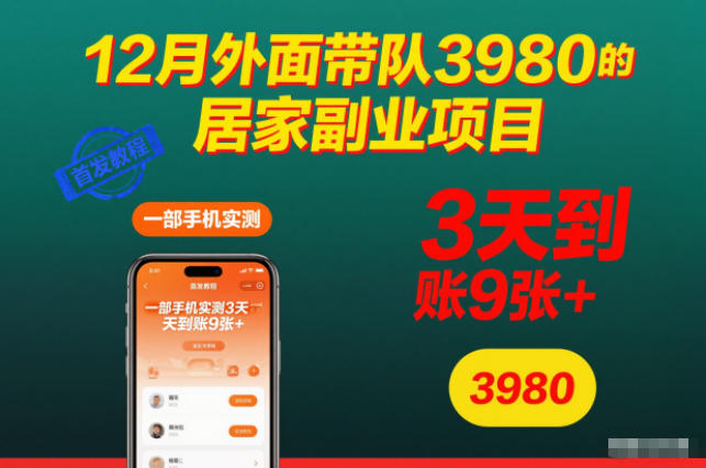 12月外面带队3980的居家副业项目，一部手机实测3天到账9张+，首发教程【揭秘】-靠谱项目库
