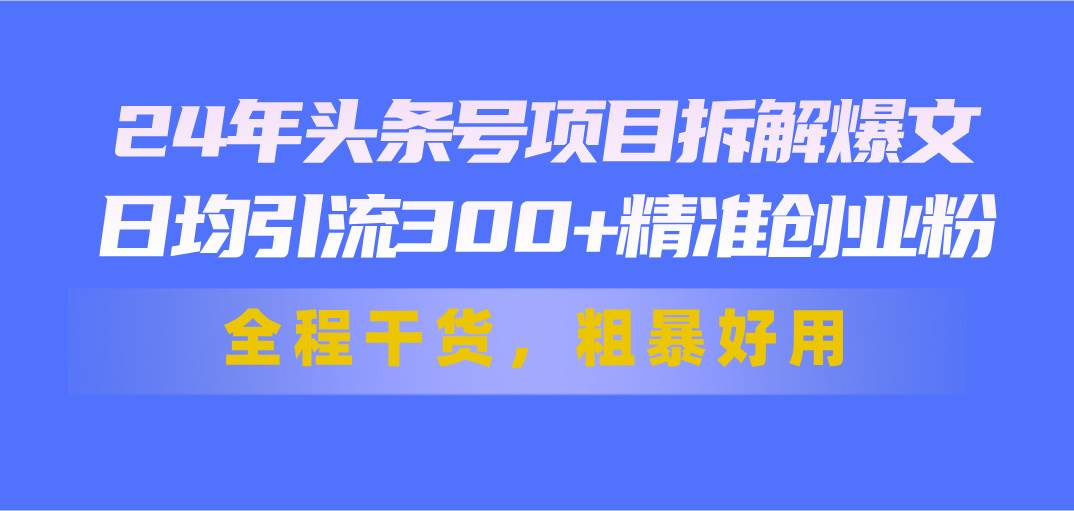 24年头条号项目拆解爆文，日均引流300+精准创业粉，全程干货，粗暴好用-靠谱项目库
