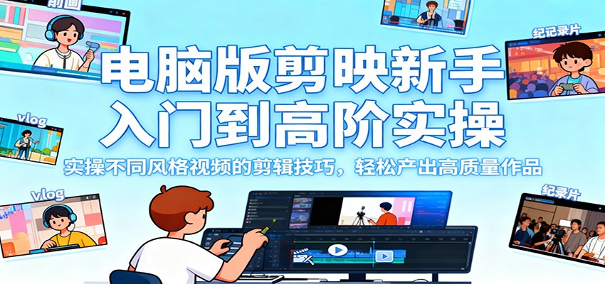 电脑版剪映新手入门到高阶实操，实操不同风格视频的剪辑技巧，轻松产出高质量作品-靠谱项目库