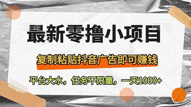 （14230期）最新零撸小项目，复制粘贴抖音广告即可赚钱，平台大水，任务不限量，一...-靠谱项目库